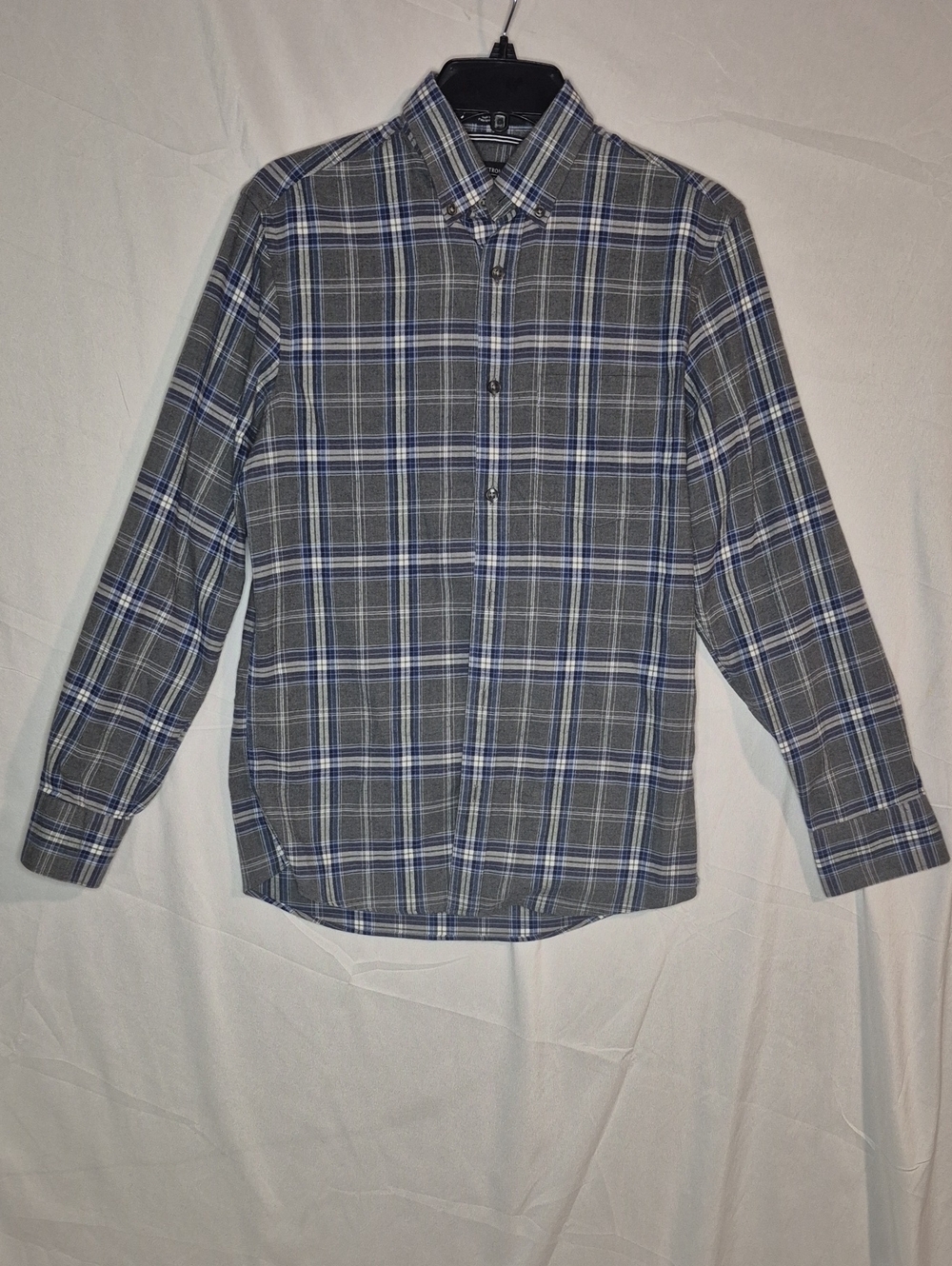 Nordstrom Men's Grey and Blue Plaid Button-Down Shirt